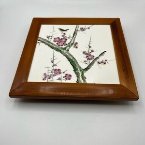 Handmade And Painted Ceramic Tile Hot Plate/ Trivet On Wood Base 8” Sq